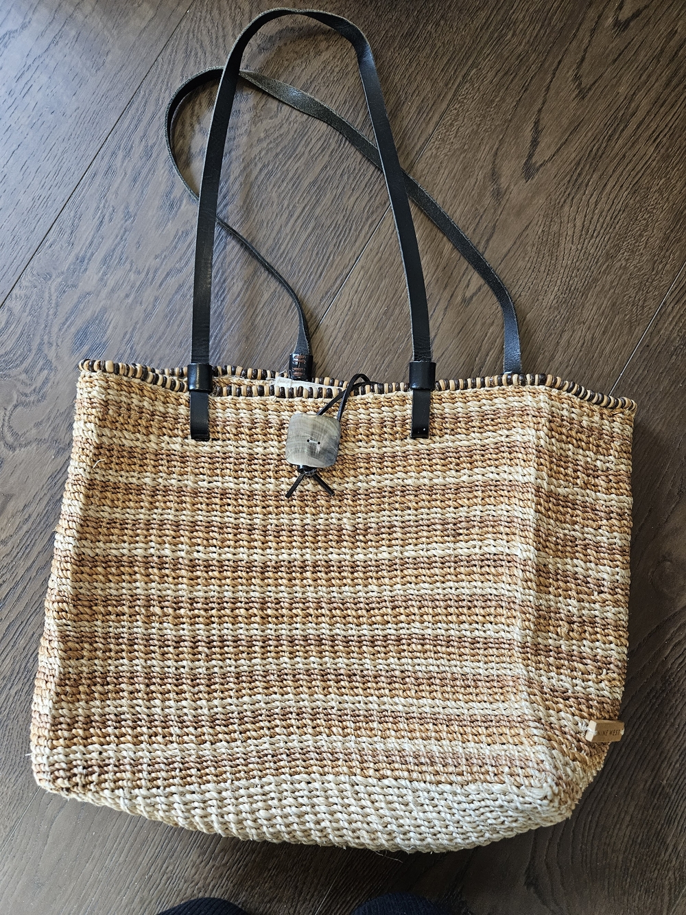 Natural Woven Tote Bag with Leather Black Straps
